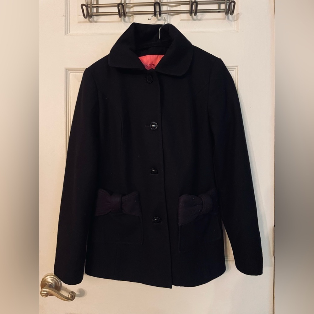 Betsey Johnson Black Pea Coat with Leopard Print Lining Size 8